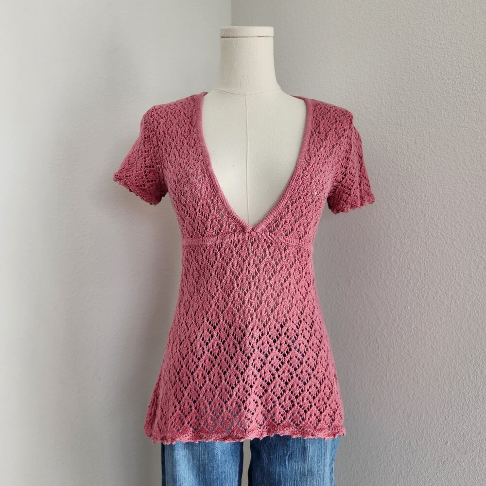 Vintage Y2K Pink Crochet Knit Deep V Neck Empire Waist Short Sleeve Top Apt 9 XS